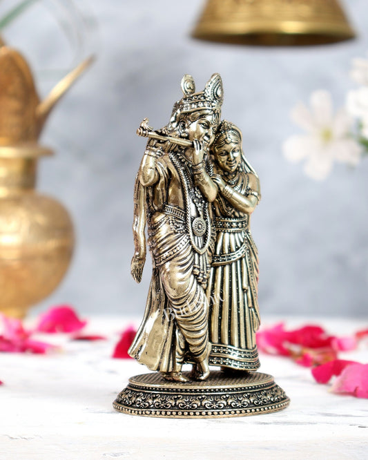 Brass Superfine Radha Krishna Together Idols – Intricately Carved 4" - Budhshiv.com