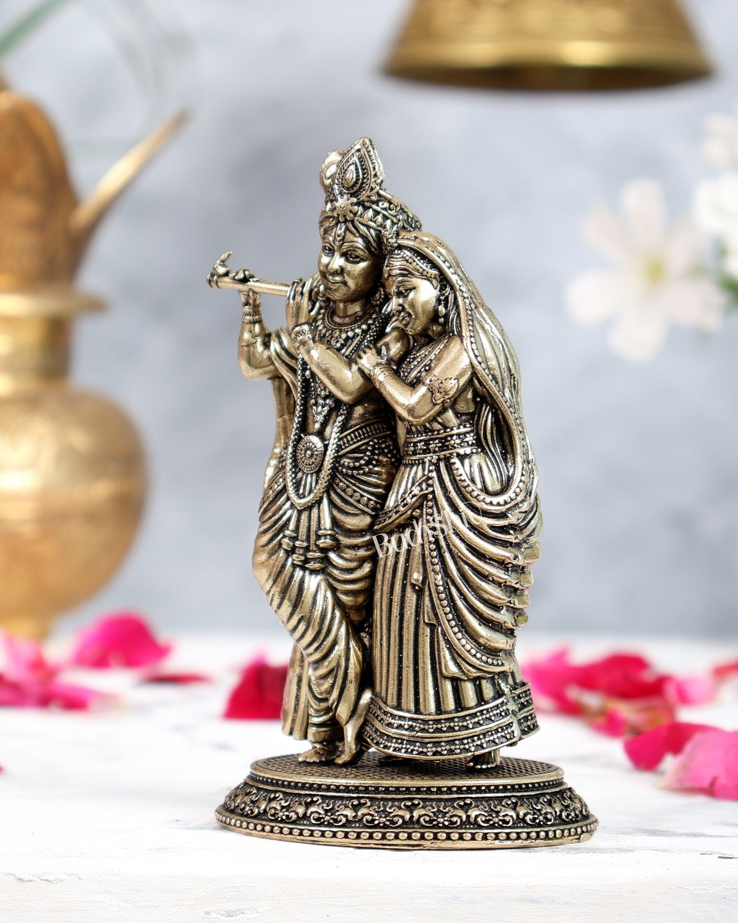 Brass Superfine Radha Krishna Together Idols – Intricately Carved 4" - Budhshiv.com