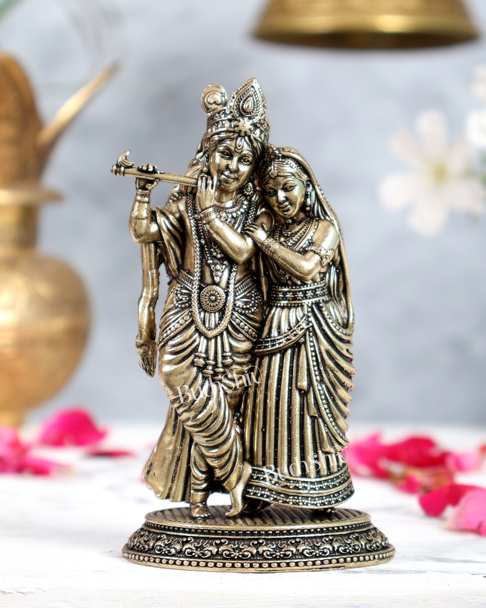 Brass Superfine Radha Krishna Together Idols – Intricately Carved 4" - Budhshiv.com