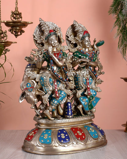 Brass Superfine Radha Krishna with Cow Idol - 16 Inch divine - Budhshiv.com