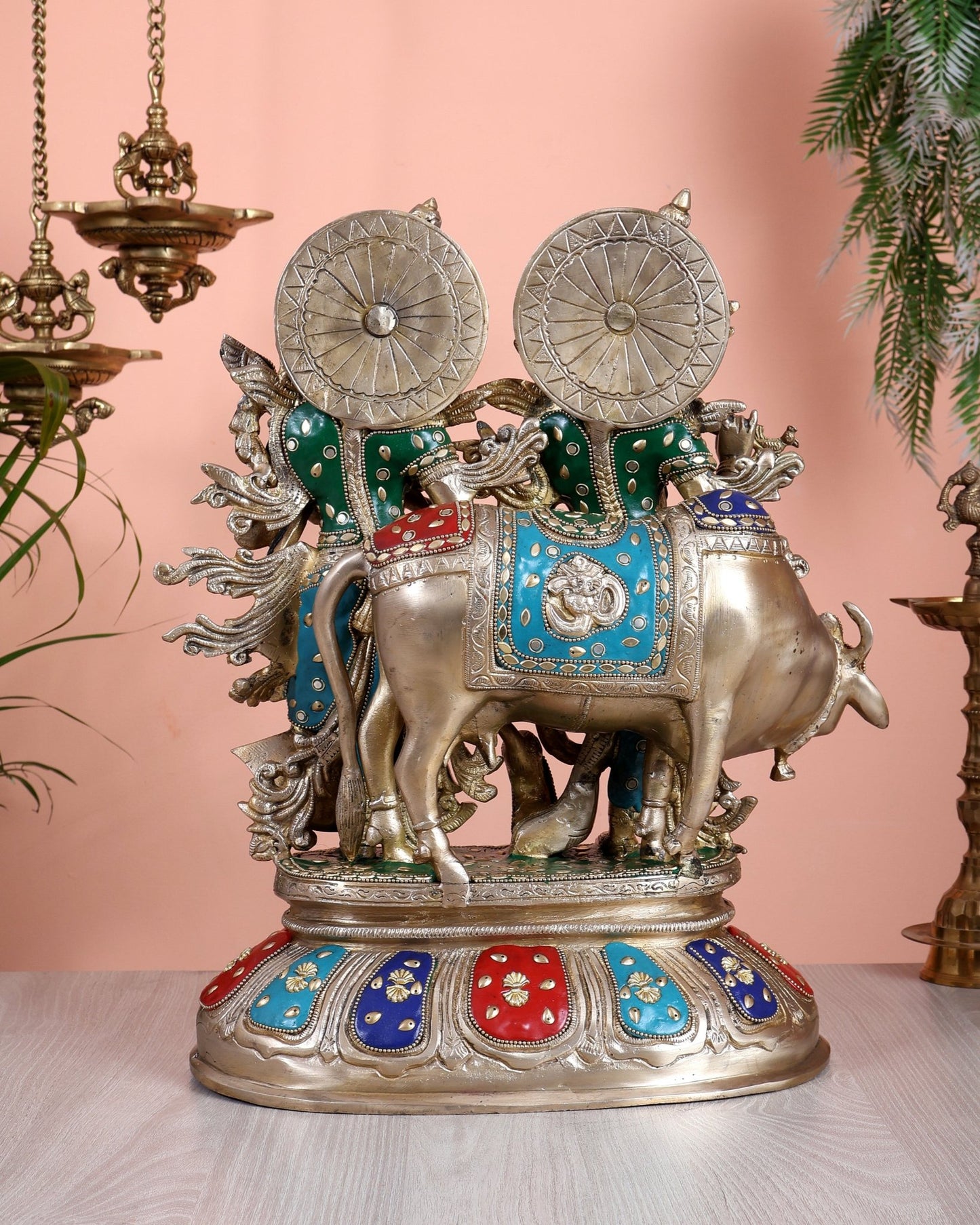 Brass Superfine Radha Krishna with Cow Idol - 16 Inch divine - Budhshiv.com