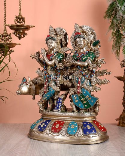 Brass Superfine Radha Krishna with Cow Idol - 16 Inch divine - Budhshiv.com