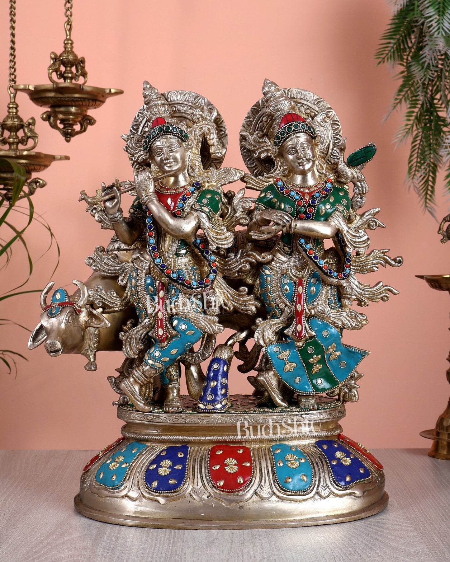 Brass Superfine Radha Krishna with Cow Idol - 16 Inch divine - Budhshiv.com