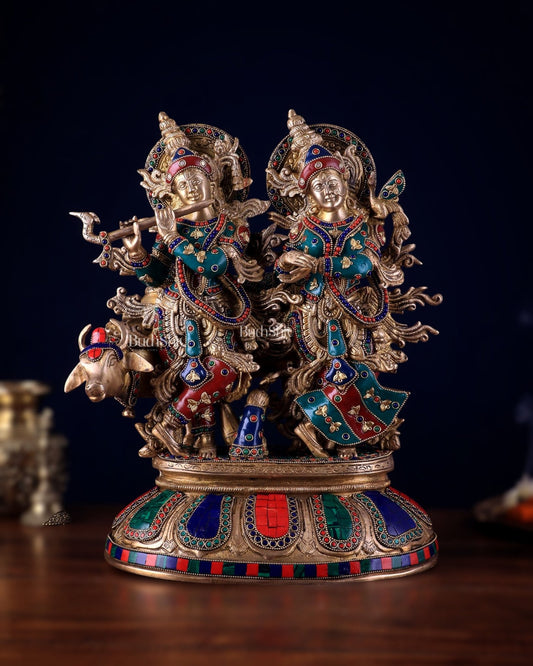 Brass Superfine Radha Krishna with Cow Idol - 16 Inch with stonework - Budhshiv.com
