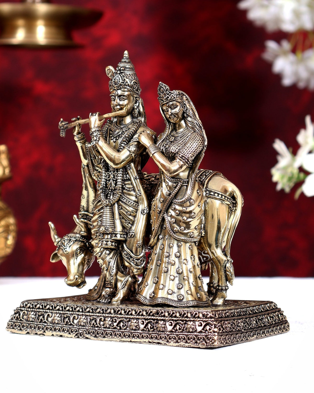 Brass Superfine Radha Krishna with Cow Idol 6 inch - Budhshiv.com