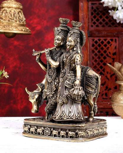 Brass Superfine Radha Krishna with Cow Statue | Highly Detailed 10 inch - Budhshiv.com