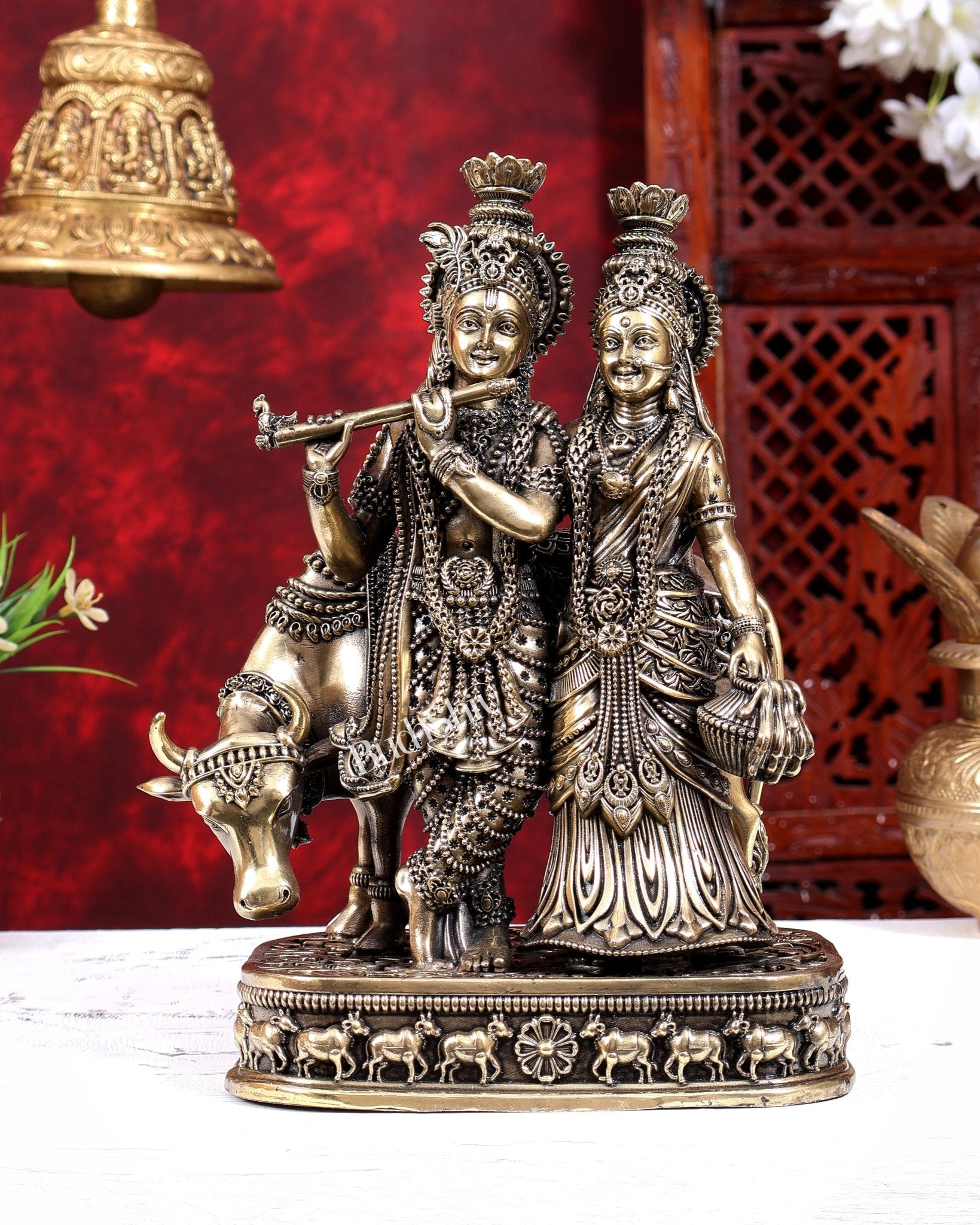Brass Superfine Radha Krishna with Cow Statue | Highly Detailed 10 inch - Budhshiv.com