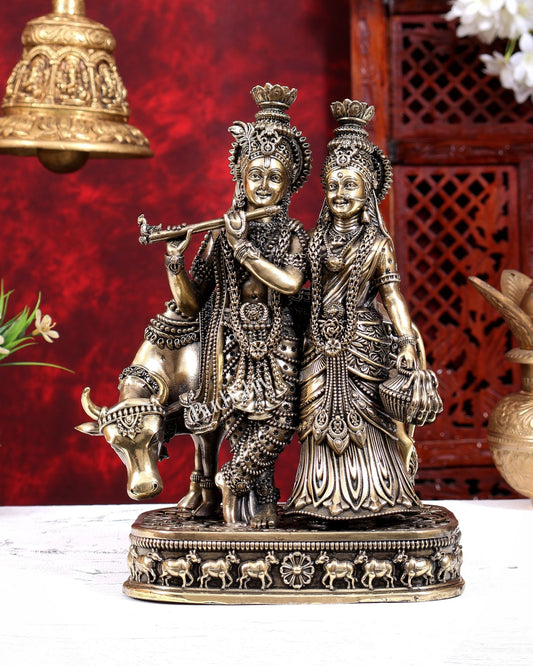 Brass Superfine Radha Krishna with Cow Statue | Highly Detailed 10 inch - Budhshiv.com