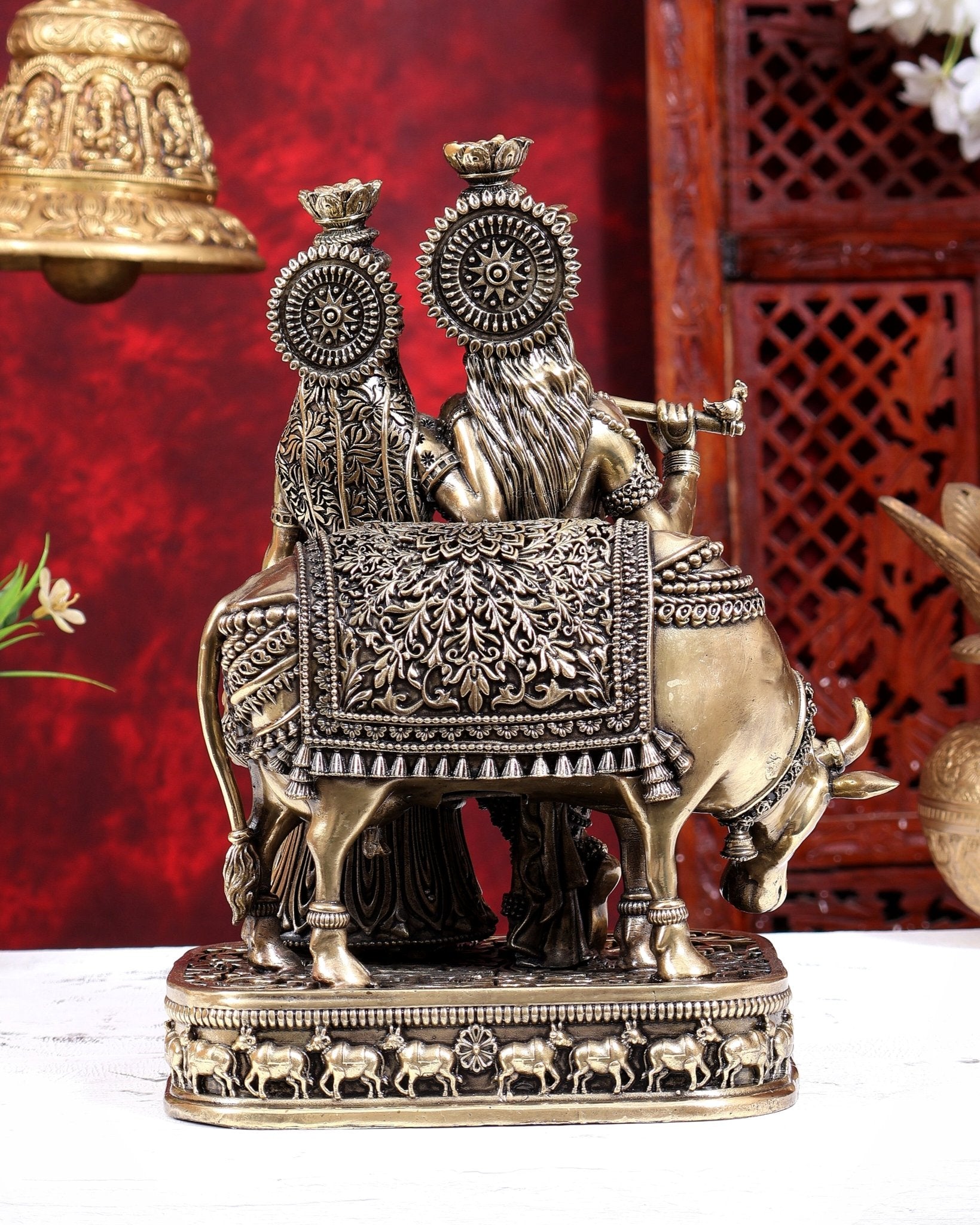 Brass Superfine Radha Krishna with Cow Statue | Highly Detailed 10 inch - Budhshiv.com