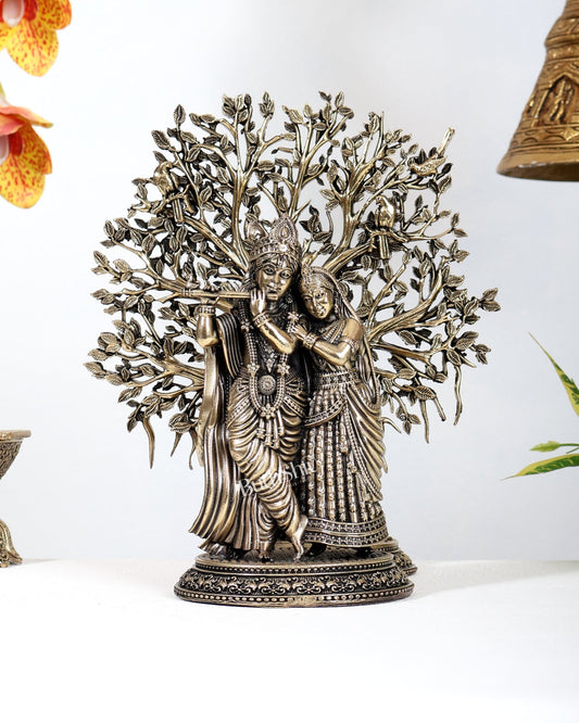 Brass Superfine Radha Krishna with Large Kalpavriksha Tree – Divine Love & Abundance Sculpture Set 9" - Budhshiv.com