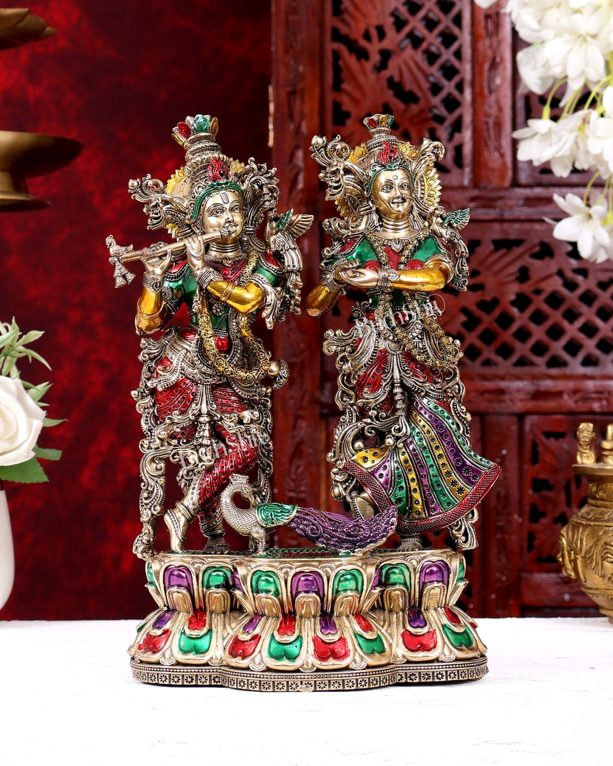 Brass Superfine Radha Krishna with Peacock Idol 10 inch handpainted - Budhshiv.com