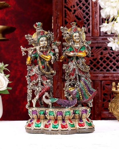 Brass Superfine Radha Krishna with Peacock Idol 10 inch handpainted - Budhshiv.com