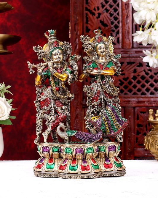 Brass Superfine Radha Krishna with Peacock Idol 10 inch handpainted - Budhshiv.com