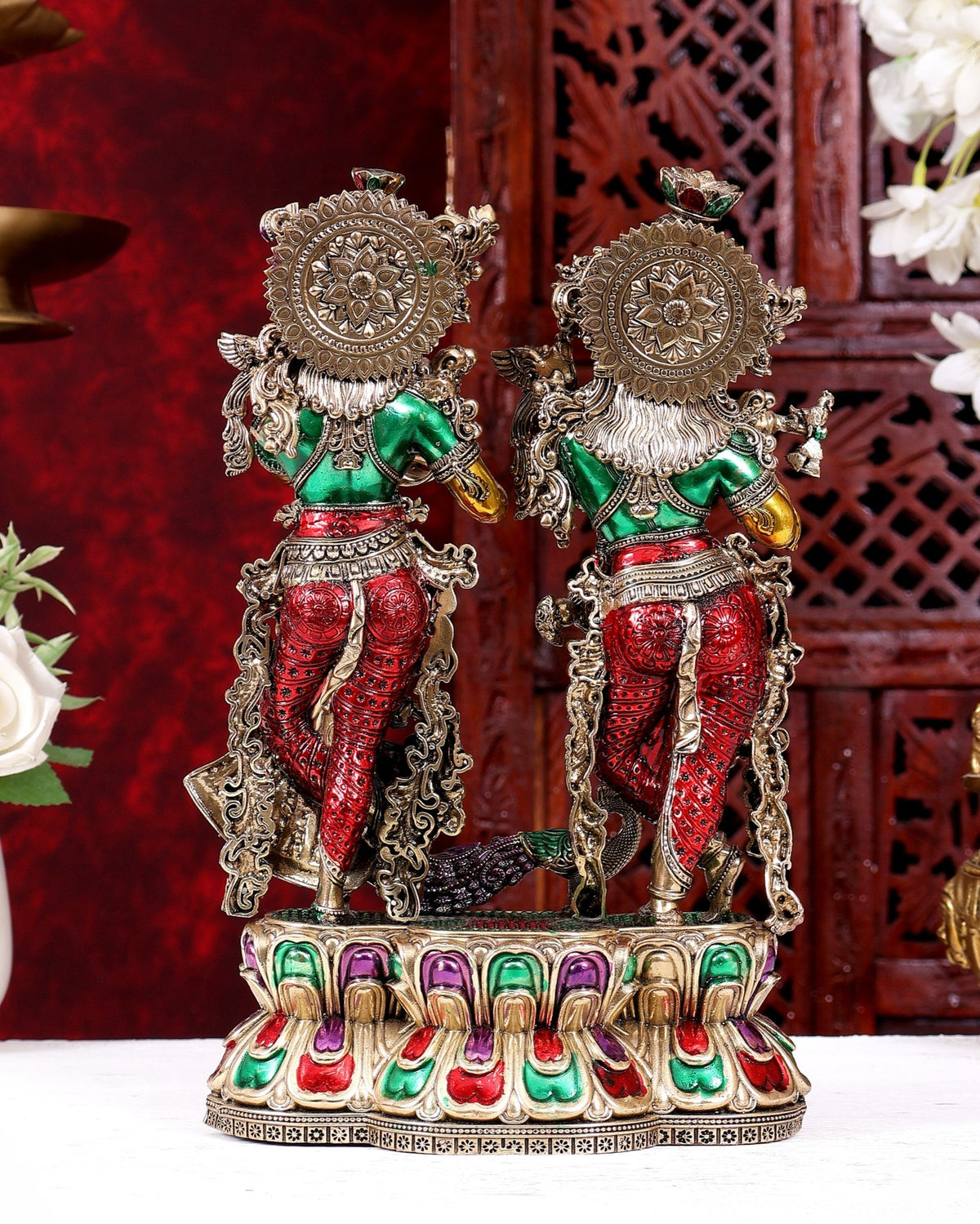 Brass Superfine Radha Krishna with Peacock Idol 10 inch handpainted - Budhshiv.com