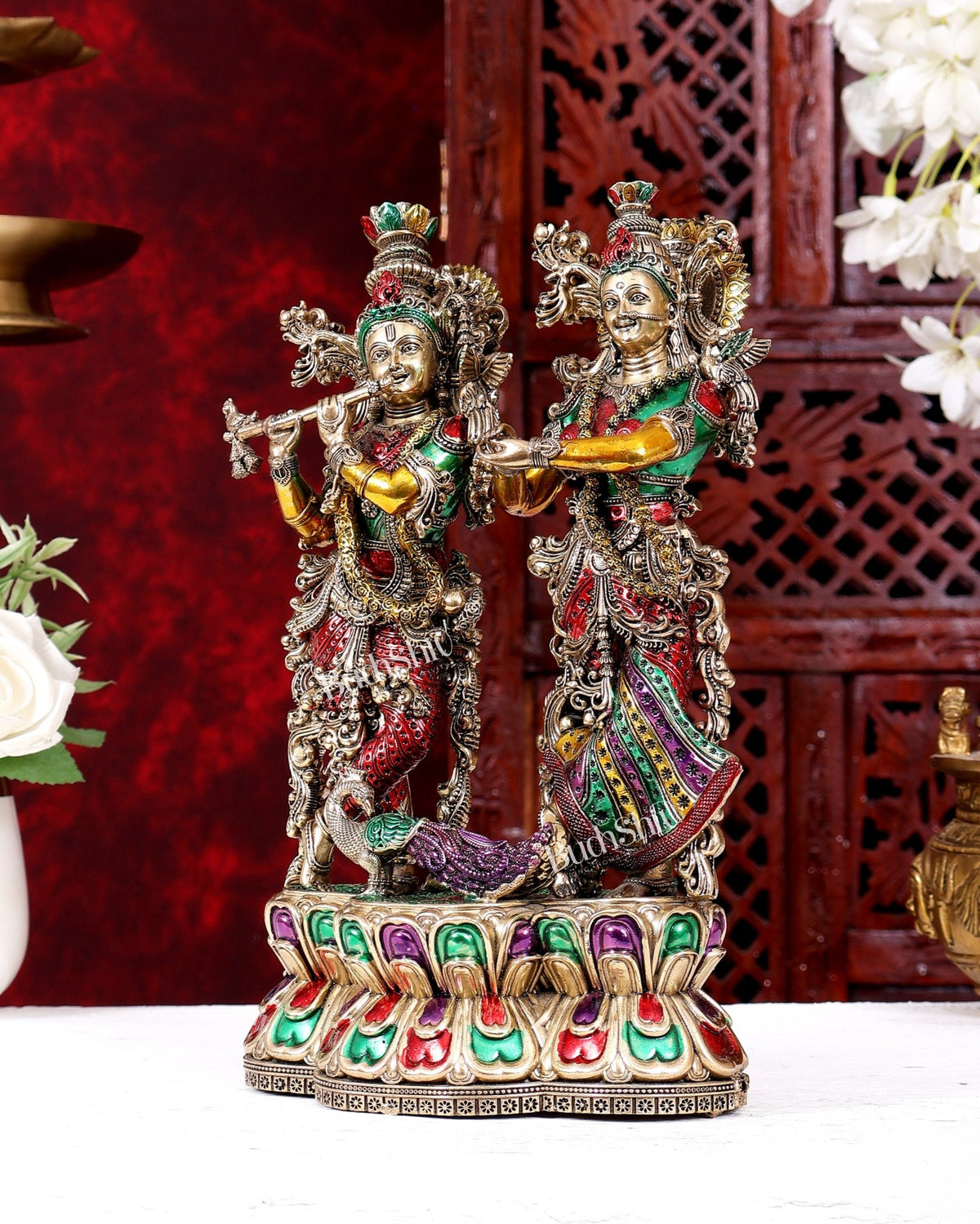 Brass Superfine Radha Krishna with Peacock Idol 10 inch handpainted - Budhshiv.com