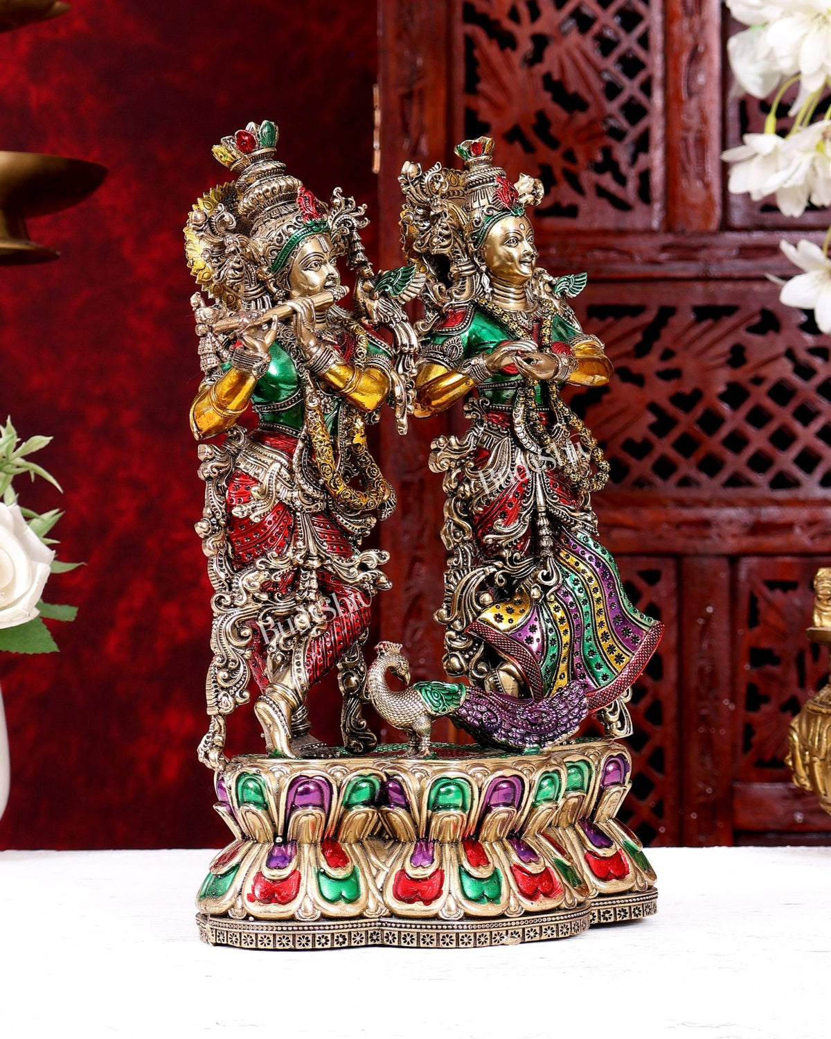 Brass Superfine Radha Krishna with Peacock Idol 10 inch handpainted - Budhshiv.com