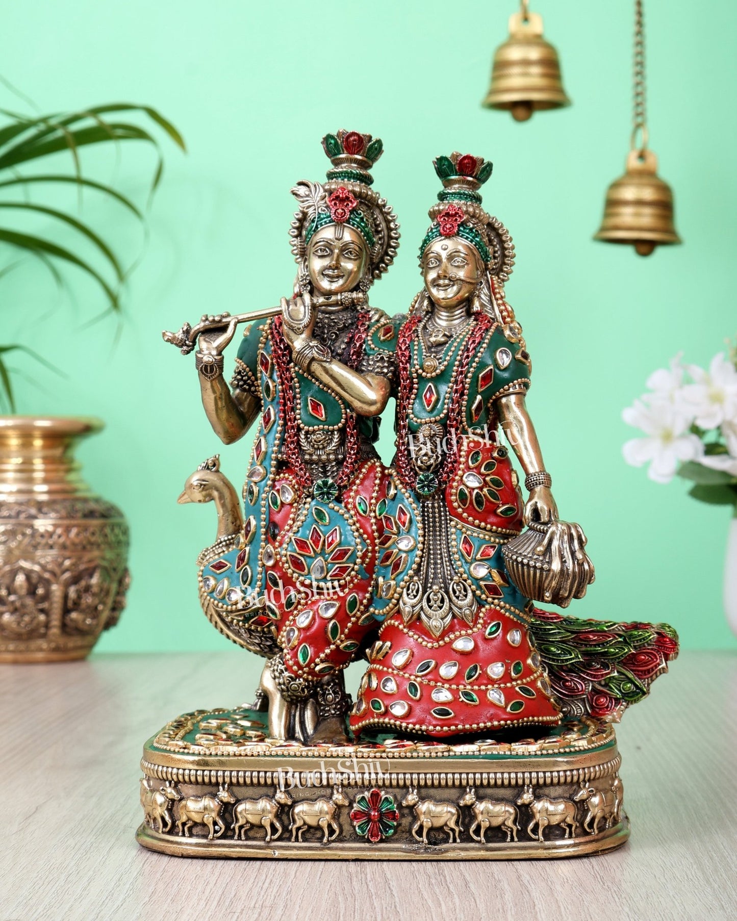 Brass Superfine Radha Krishna with Peacock Idol 8 inch meenakari - Budhshiv.com