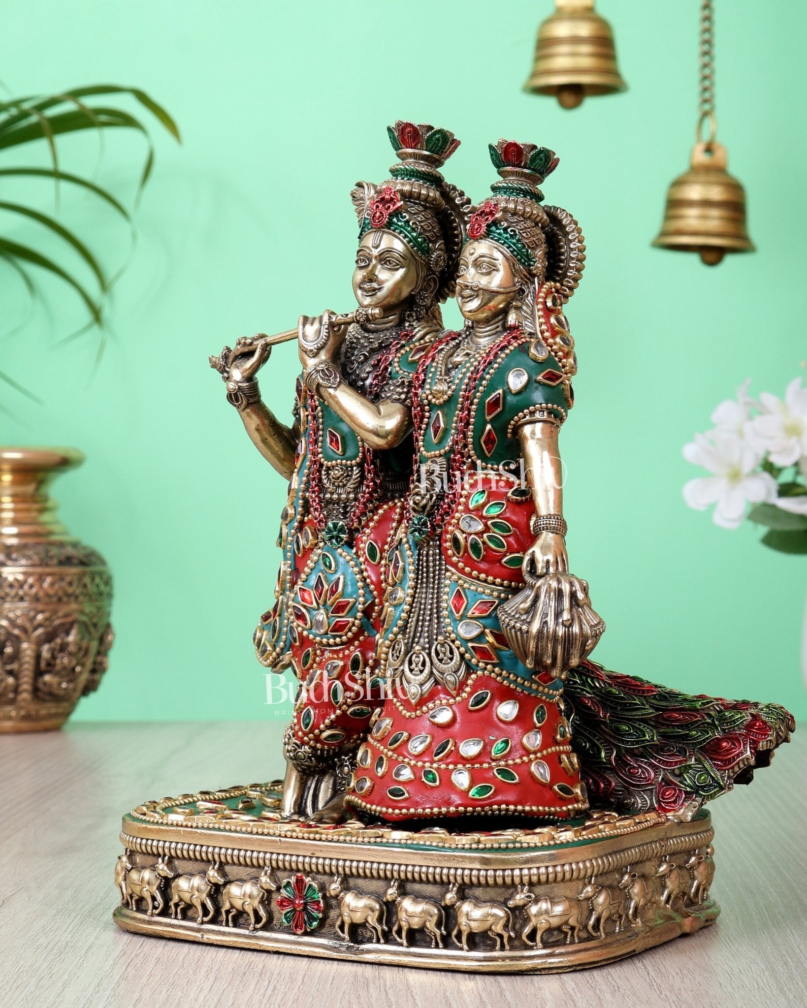 Brass Superfine Radha Krishna with Peacock Idol 8 inch meenakari - Budhshiv.com