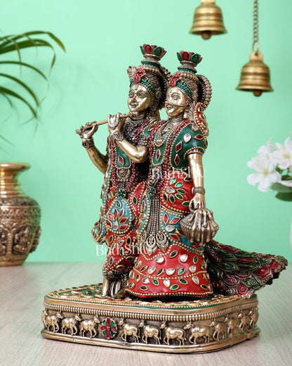 Brass Superfine Radha Krishna with Peacock Idol 8 inch meenakari - Budhshiv.com
