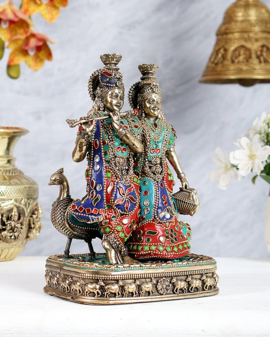 Brass Superfine Radha Krishna with Peacock Idol 8 inch multicolour - Budhshiv.com