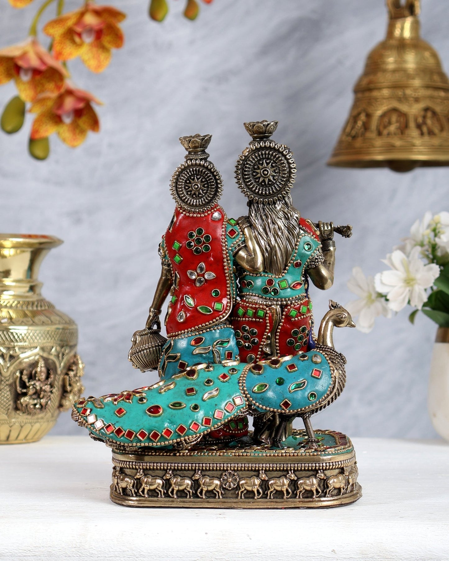 Brass Superfine Radha Krishna with Peacock Idol 8 inch multicolour - Budhshiv.com