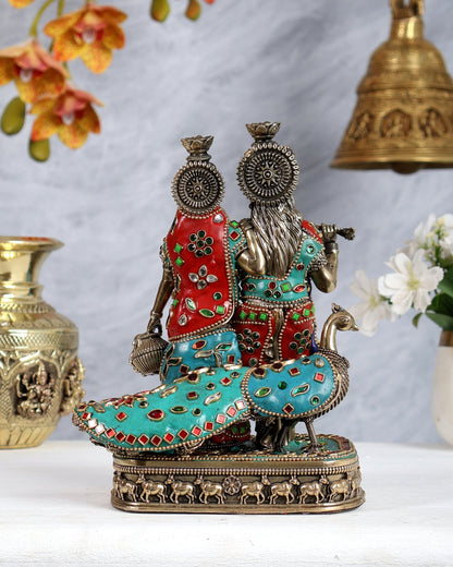 Brass Superfine Radha Krishna with Peacock Idol 8 inch multicolour - Budhshiv.com
