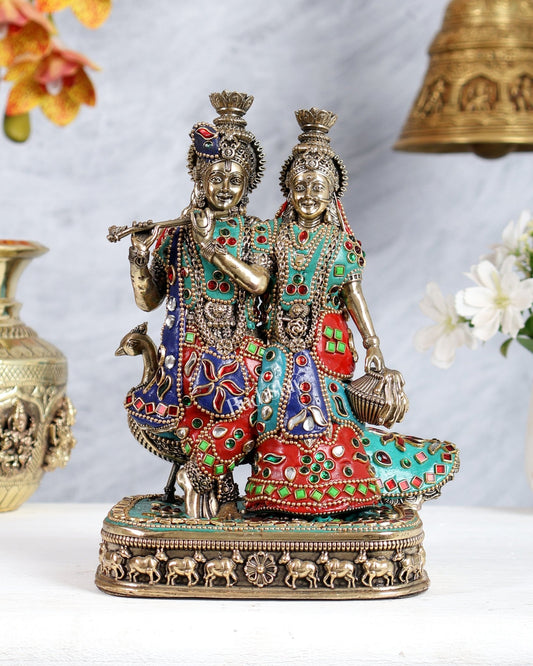 Brass Superfine Radha Krishna with Peacock Idol 8 inch multicolour - Budhshiv.com