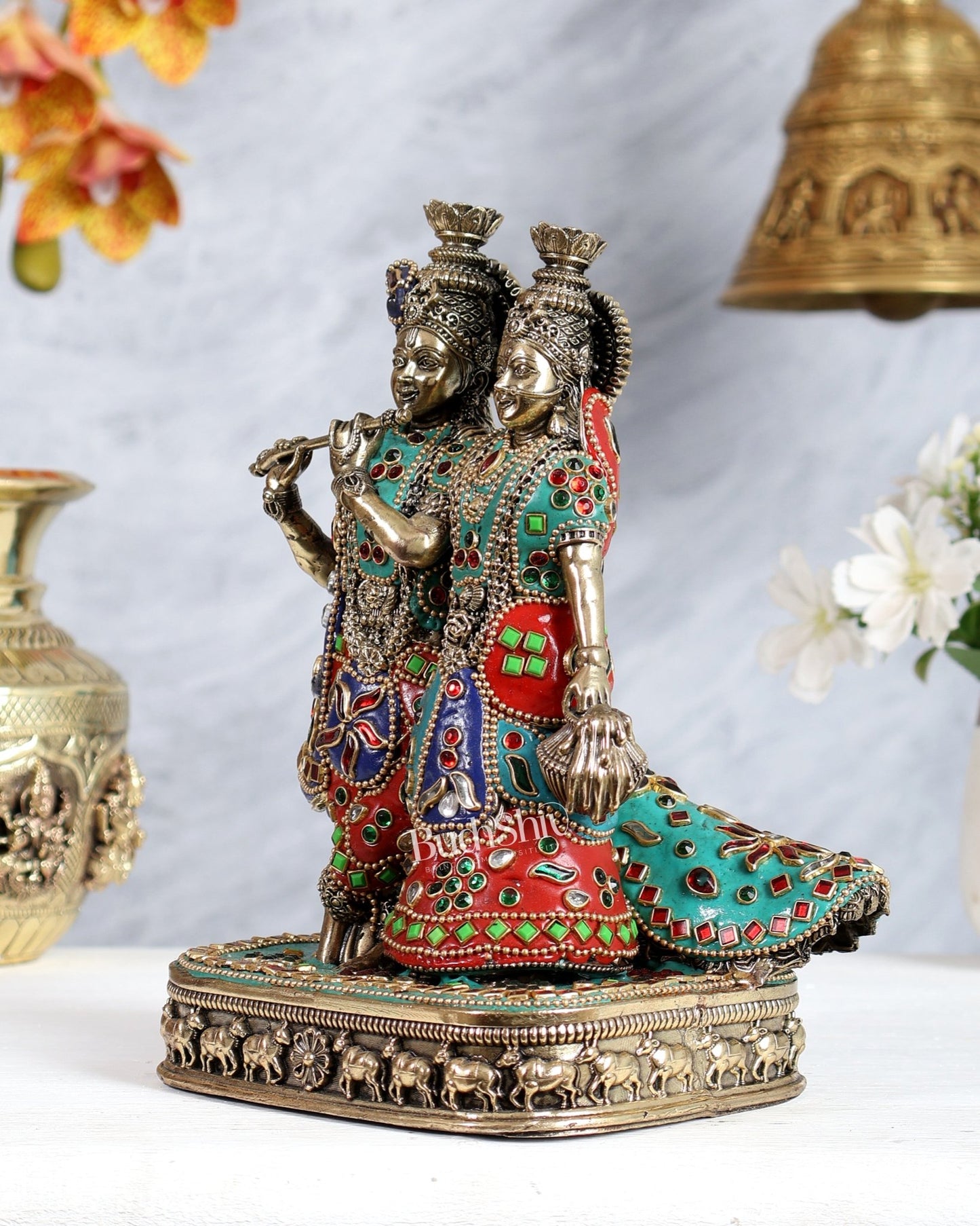 Brass Superfine Radha Krishna with Peacock Idol 8 inch multicolour - Budhshiv.com