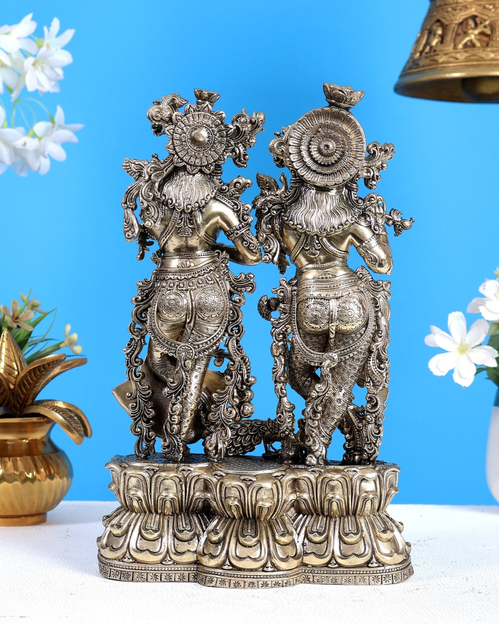 Brass Superfine Radha Krishna with Peacock Idol – Divine Love Sculpture (10 Inches) - Budhshiv.com