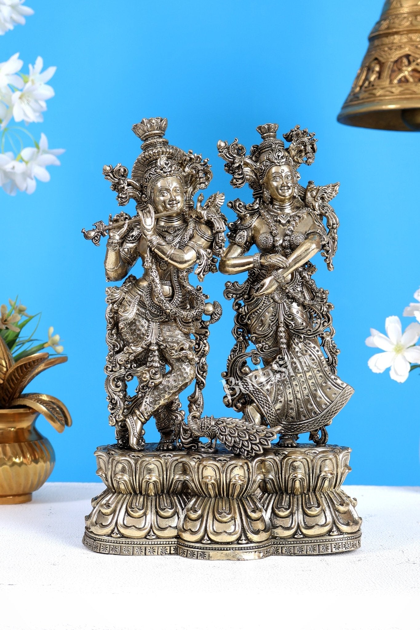 Brass Superfine Radha Krishna with Peacock Idol – Divine Love Sculpture (10 Inches) - Budhshiv.com