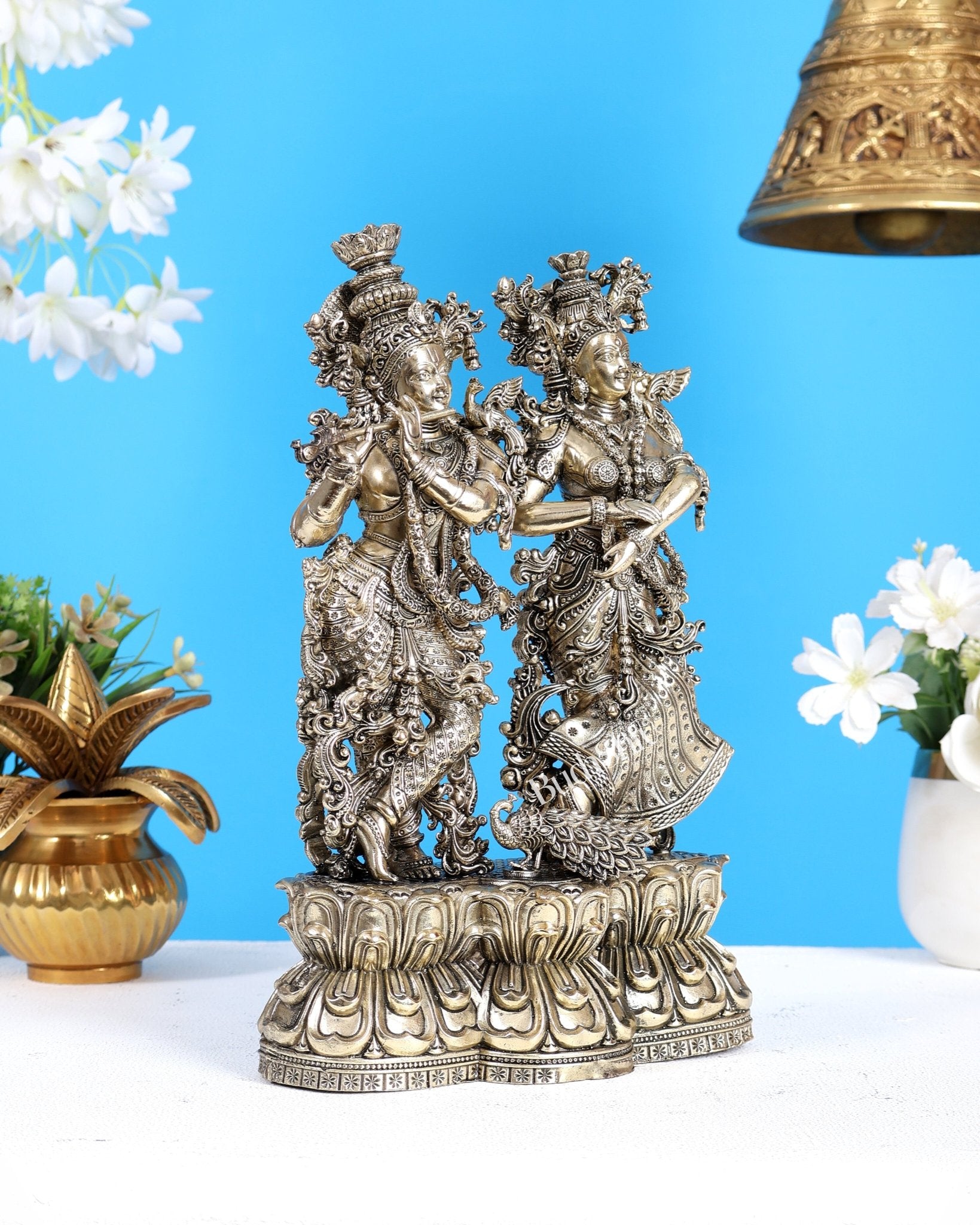 Brass Superfine Radha Krishna with Peacock Idol – Divine Love Sculpture (10 Inches) - Budhshiv.com