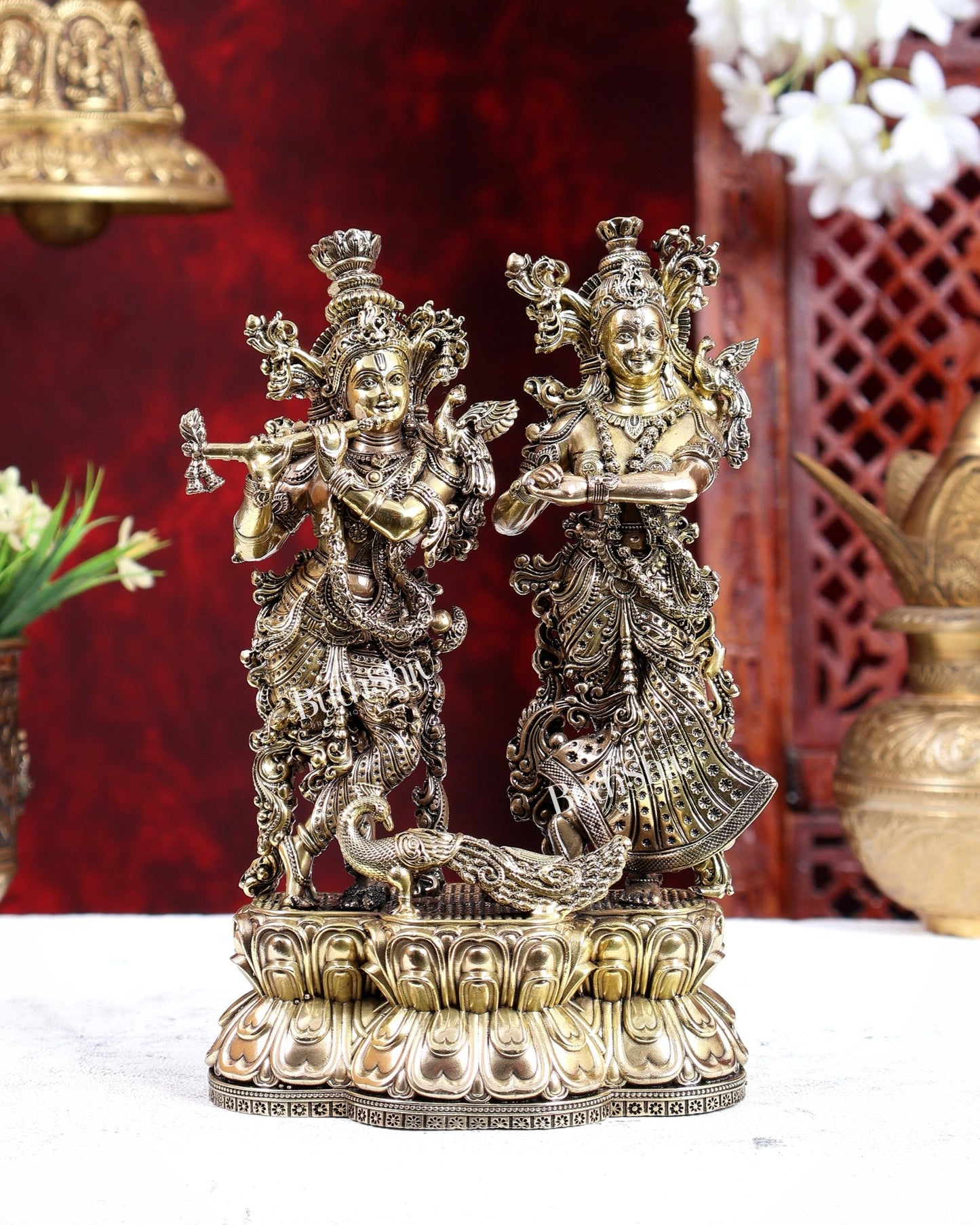Brass Superfine Radha Krishna with Peacock Idol on Same Base 8 inch - Budhshiv.com