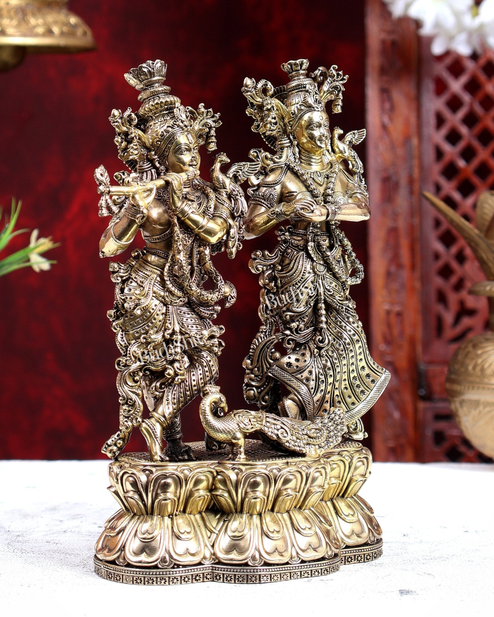 Brass Superfine Radha Krishna with Peacock Idol on Same Base 8 inch - Budhshiv.com