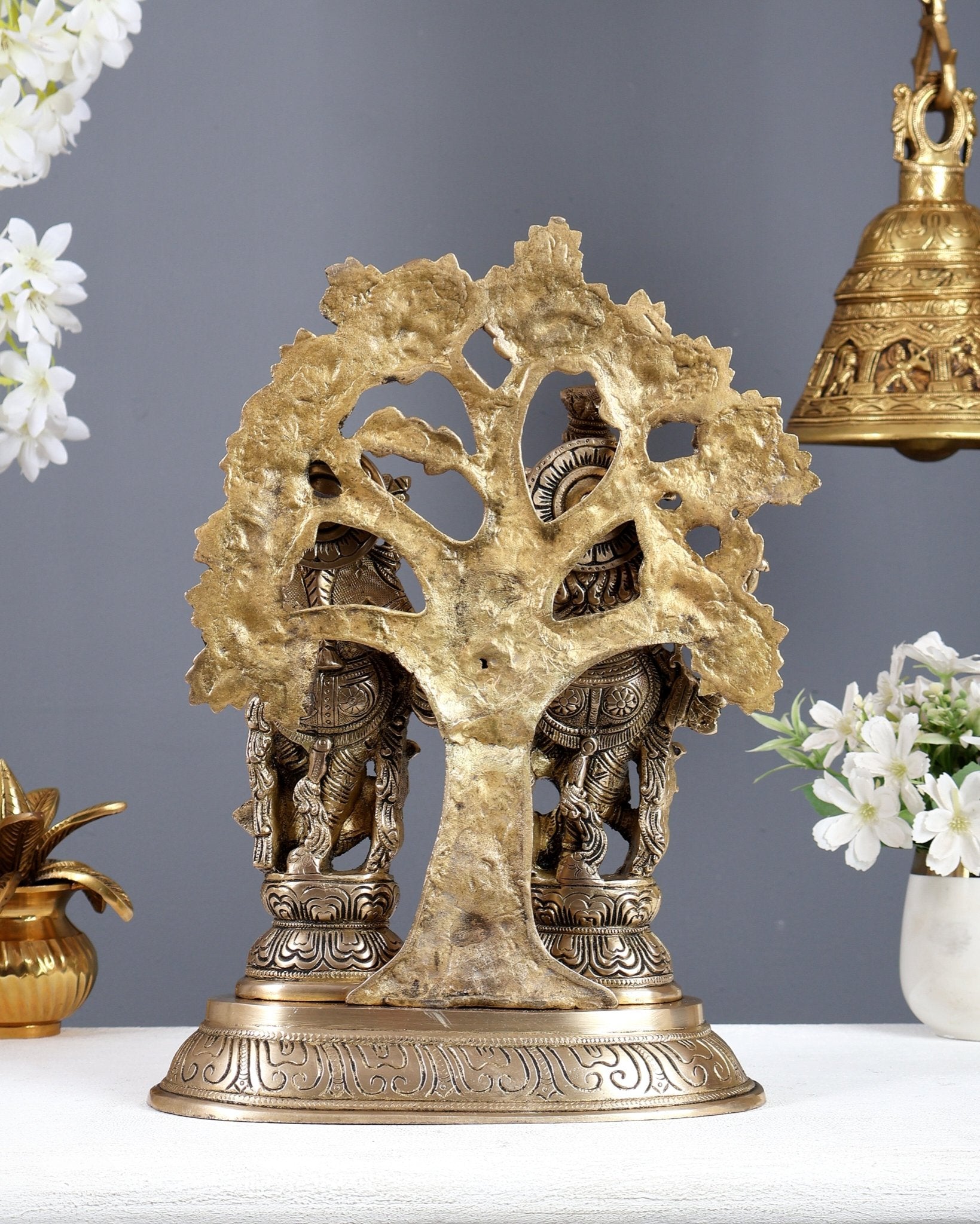 Brass Superfine Radha Krishna with Tree Statue – Matte Finish Divine Sculpture (13.5 Inches) - Budhshiv.com