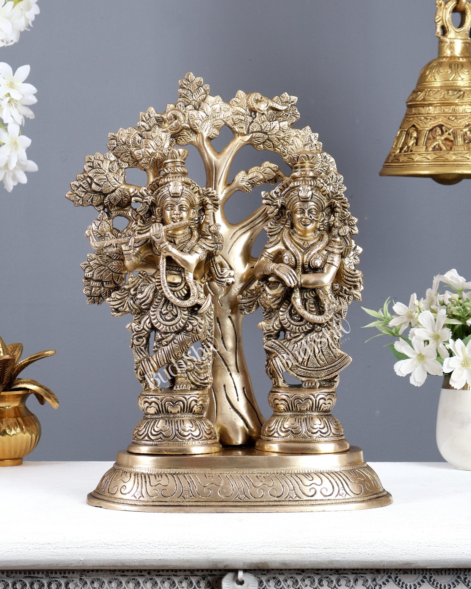 Brass Superfine Radha Krishna with Tree Statue – Matte Finish Divine Sculpture (13.5 Inches) - Budhshiv.com