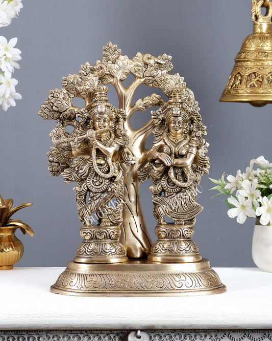 Brass Superfine Radha Krishna with Tree Statue – Matte Finish Divine Sculpture (13.5 Inches) - Budhshiv.com