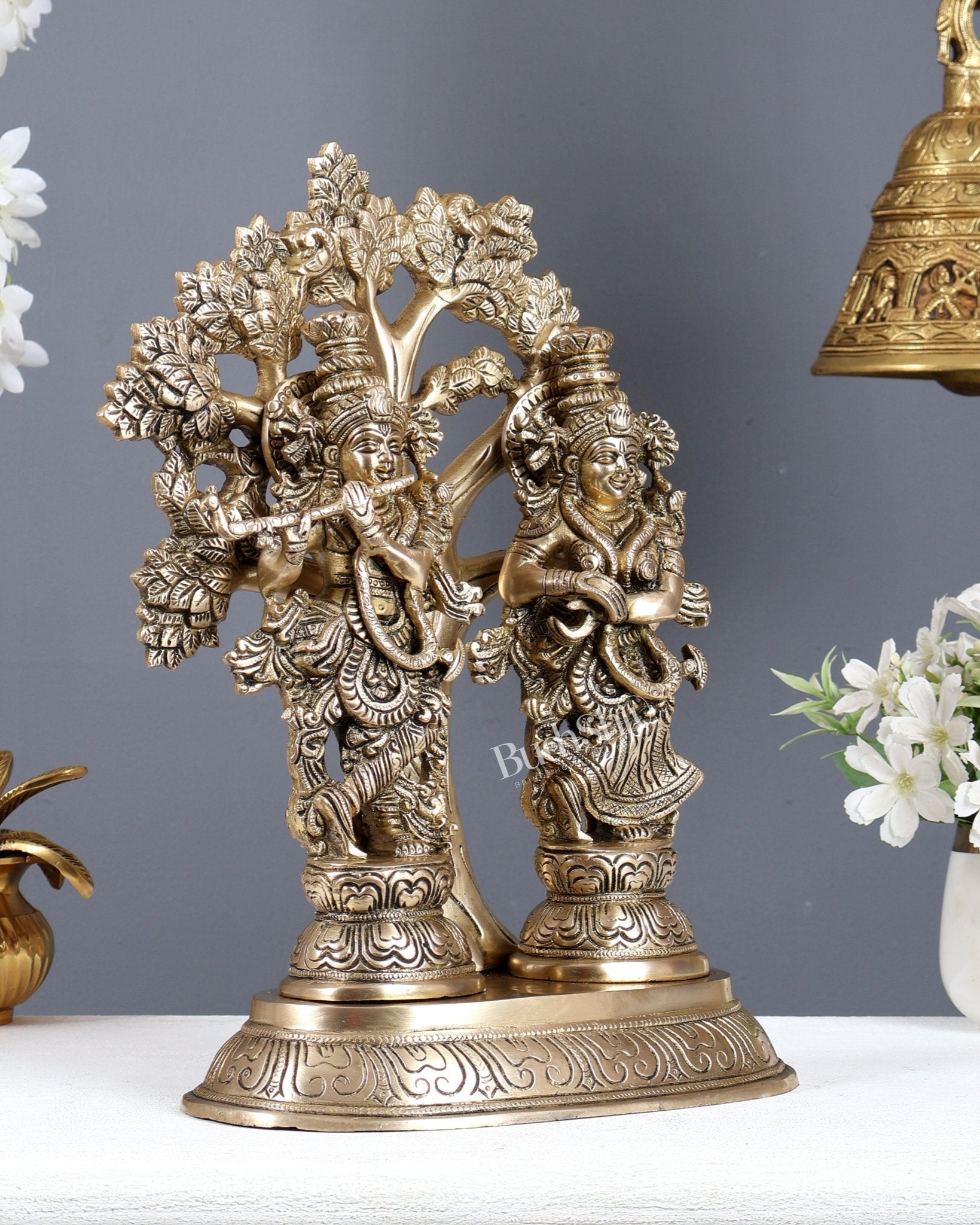 Brass Superfine Radha Krishna with Tree Statue – Matte Finish Divine Sculpture (13.5 Inches) - Budhshiv.com