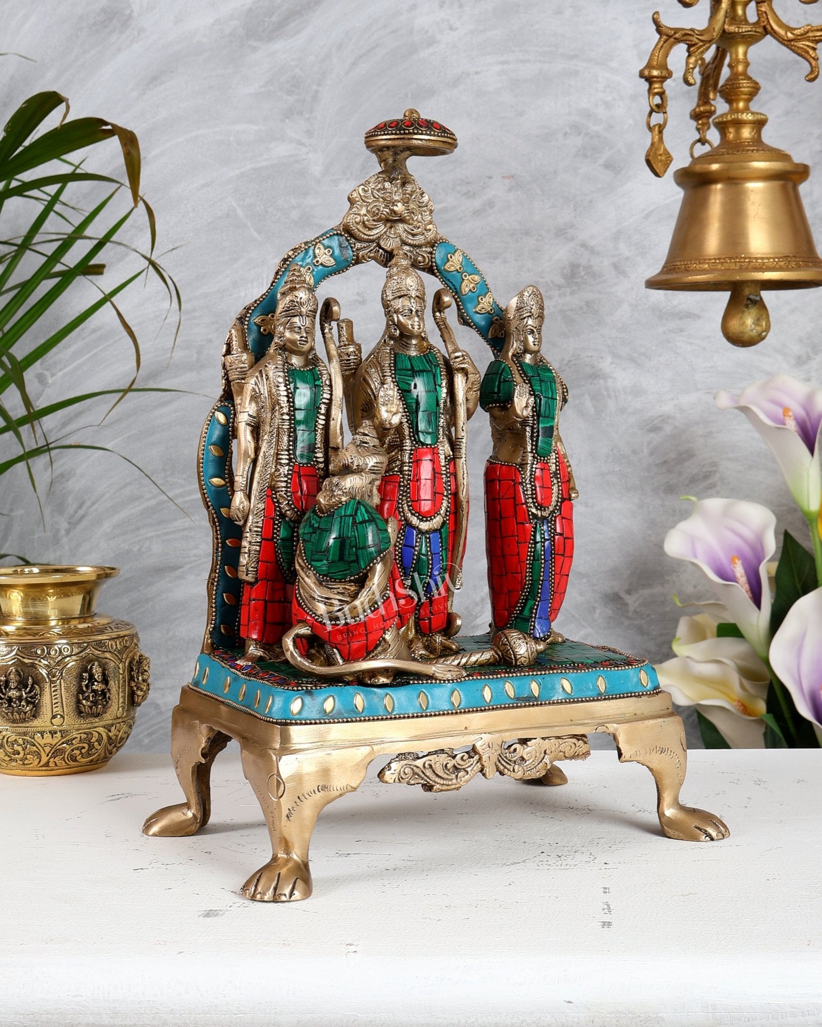 Brass Superfine Ram Darbar Idol 13.5 Inch – Lord Rama Sita Lakshman Hanuman Statue with Stonework - Budhshiv.com