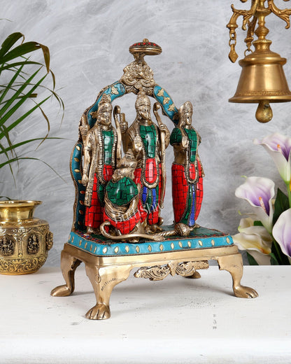Brass Superfine Ram Darbar Idol 13.5 Inch – Lord Rama Sita Lakshman Hanuman Statue with Stonework - Budhshiv.com