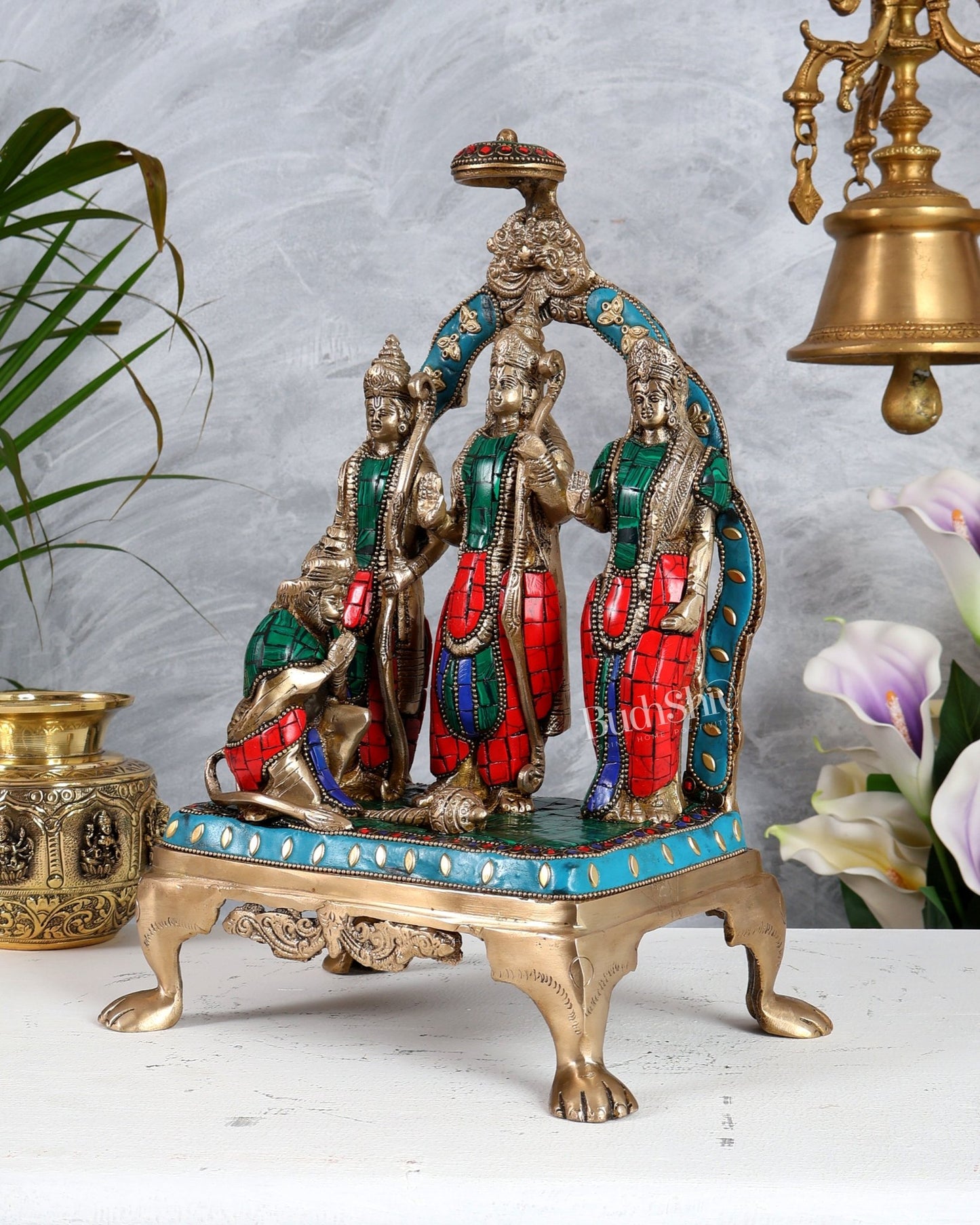 Brass Superfine Ram Darbar Idol 13.5 Inch – Lord Rama Sita Lakshman Hanuman Statue with Stonework - Budhshiv.com