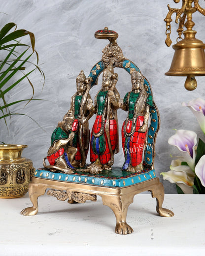 Brass Superfine Ram Darbar Idol 13.5 Inch – Lord Rama Sita Lakshman Hanuman Statue with Stonework - Budhshiv.com