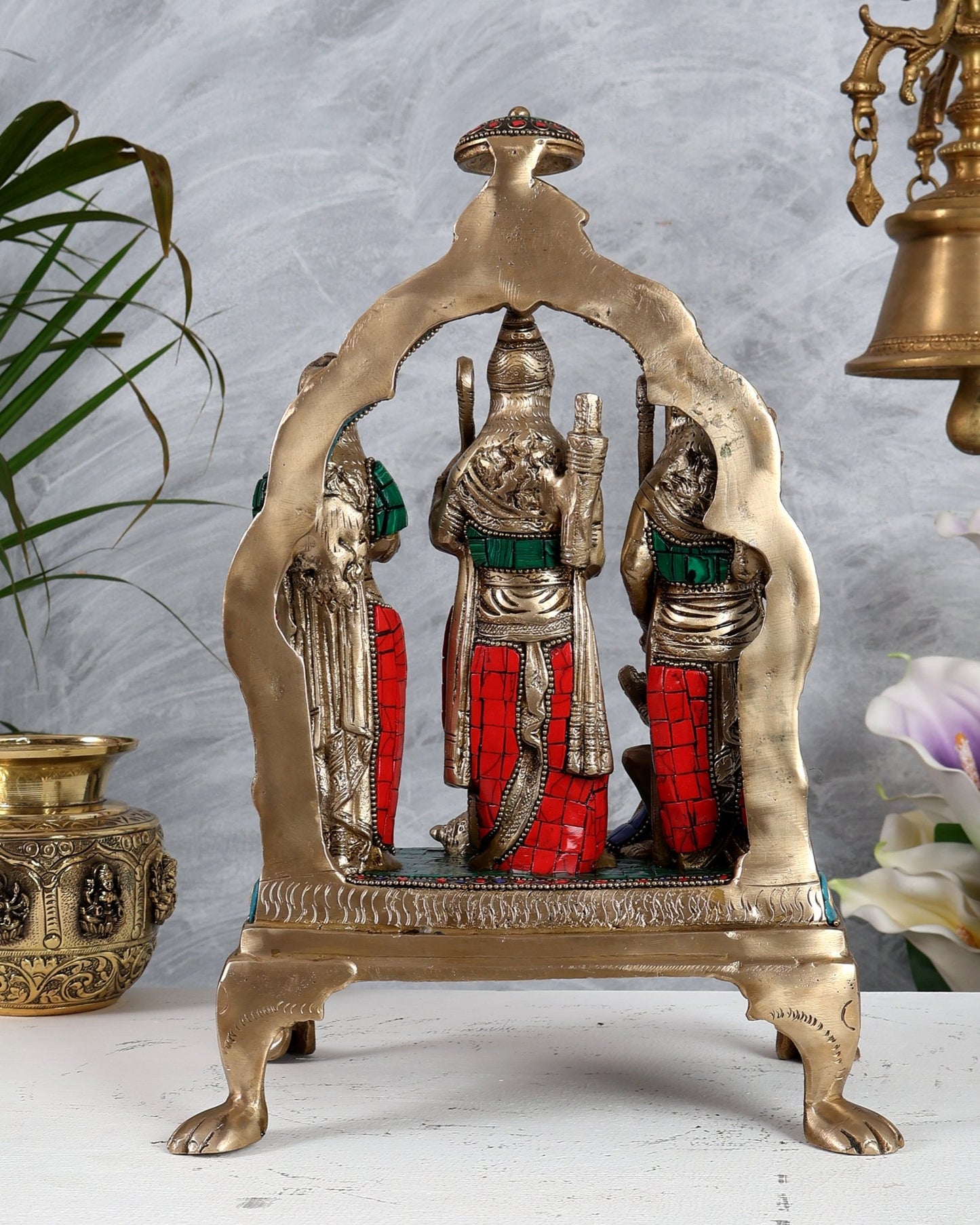 Brass Superfine Ram Darbar Idol 13.5 Inch – Lord Rama Sita Lakshman Hanuman Statue with Stonework - Budhshiv.com