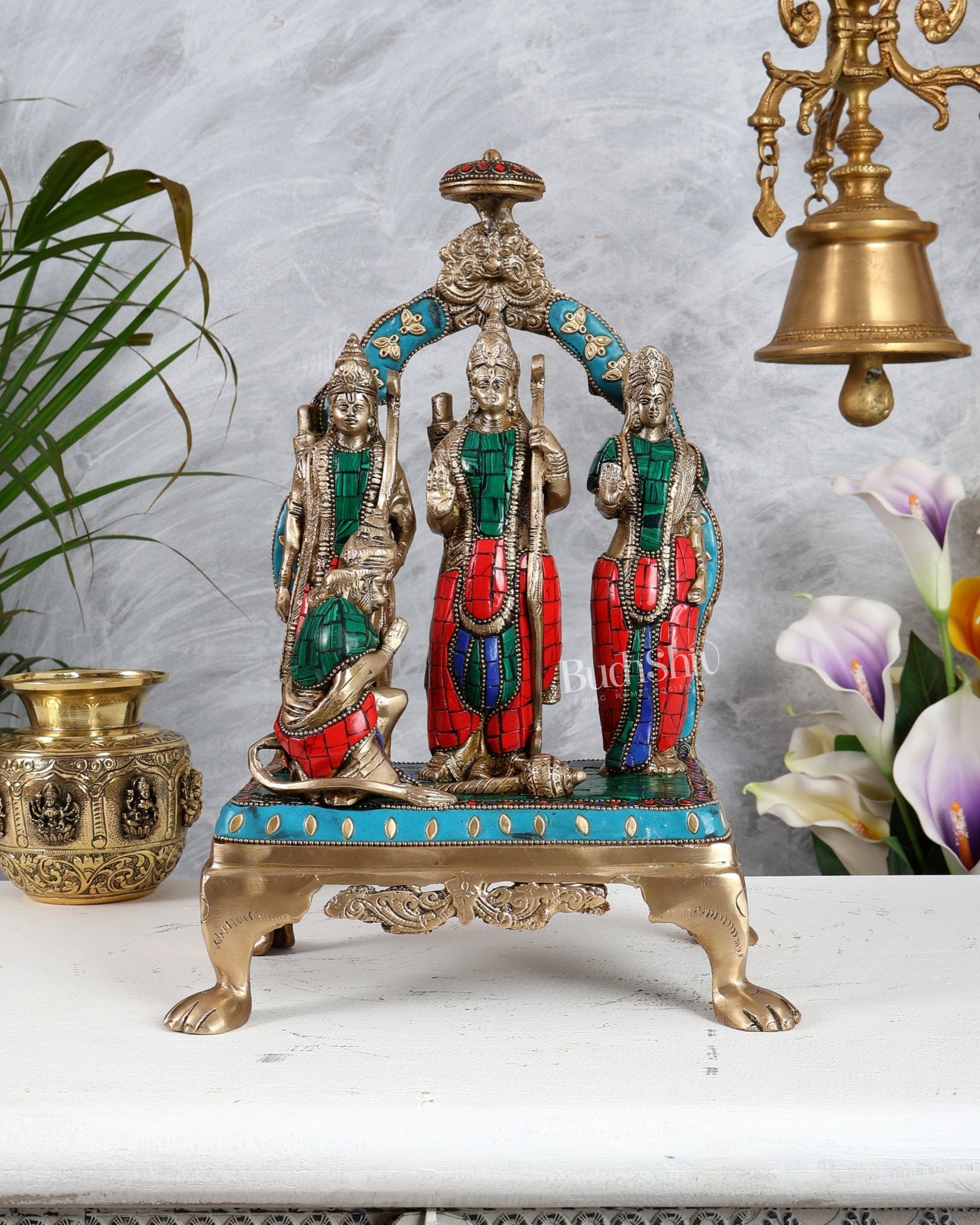 Brass Superfine Ram Darbar Idol 13.5 Inch – Lord Rama Sita Lakshman Hanuman Statue with Stonework - Budhshiv.com