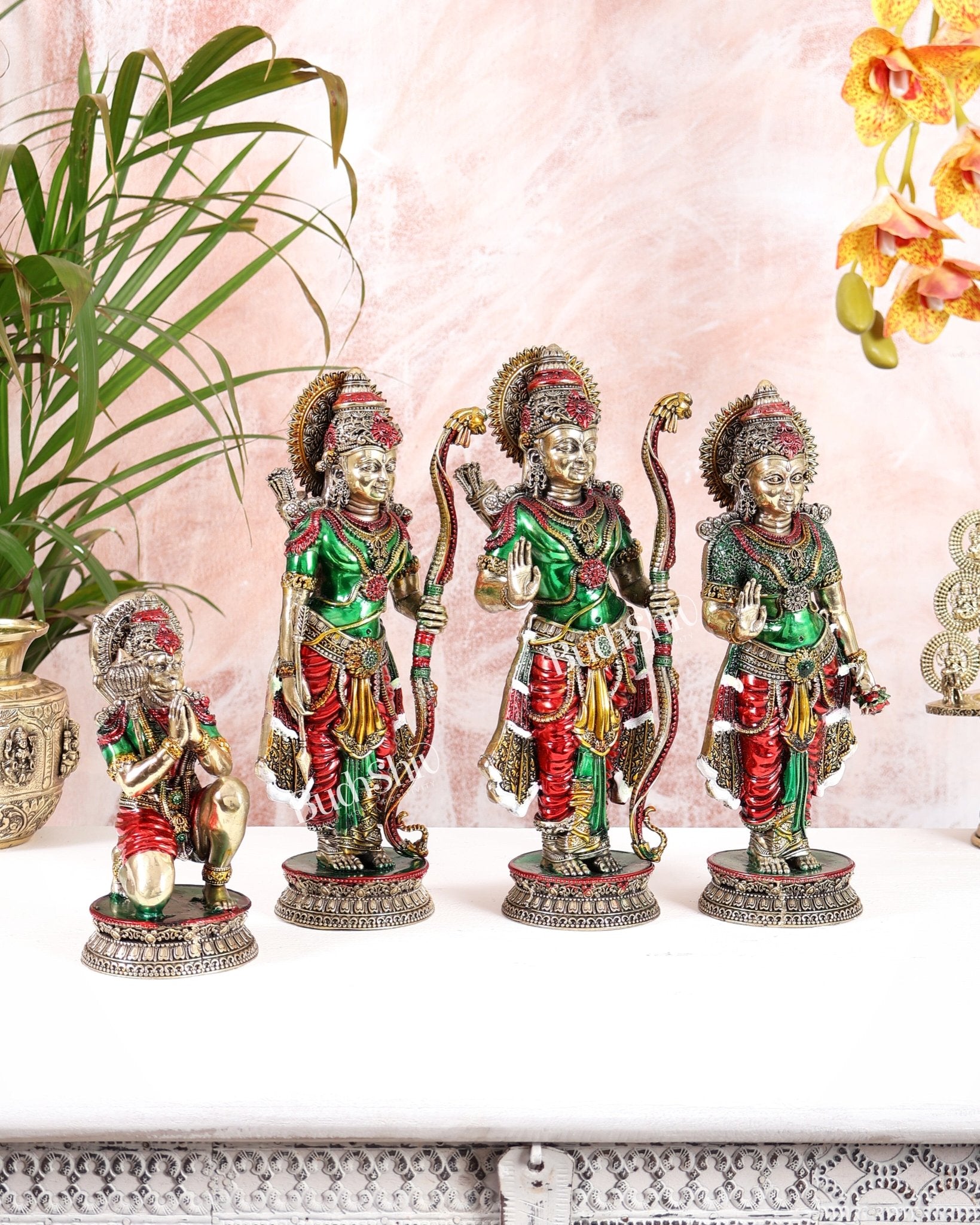 Brass Superfine Ram darbar idol set 10 inch hand - painted - Budhshiv.com