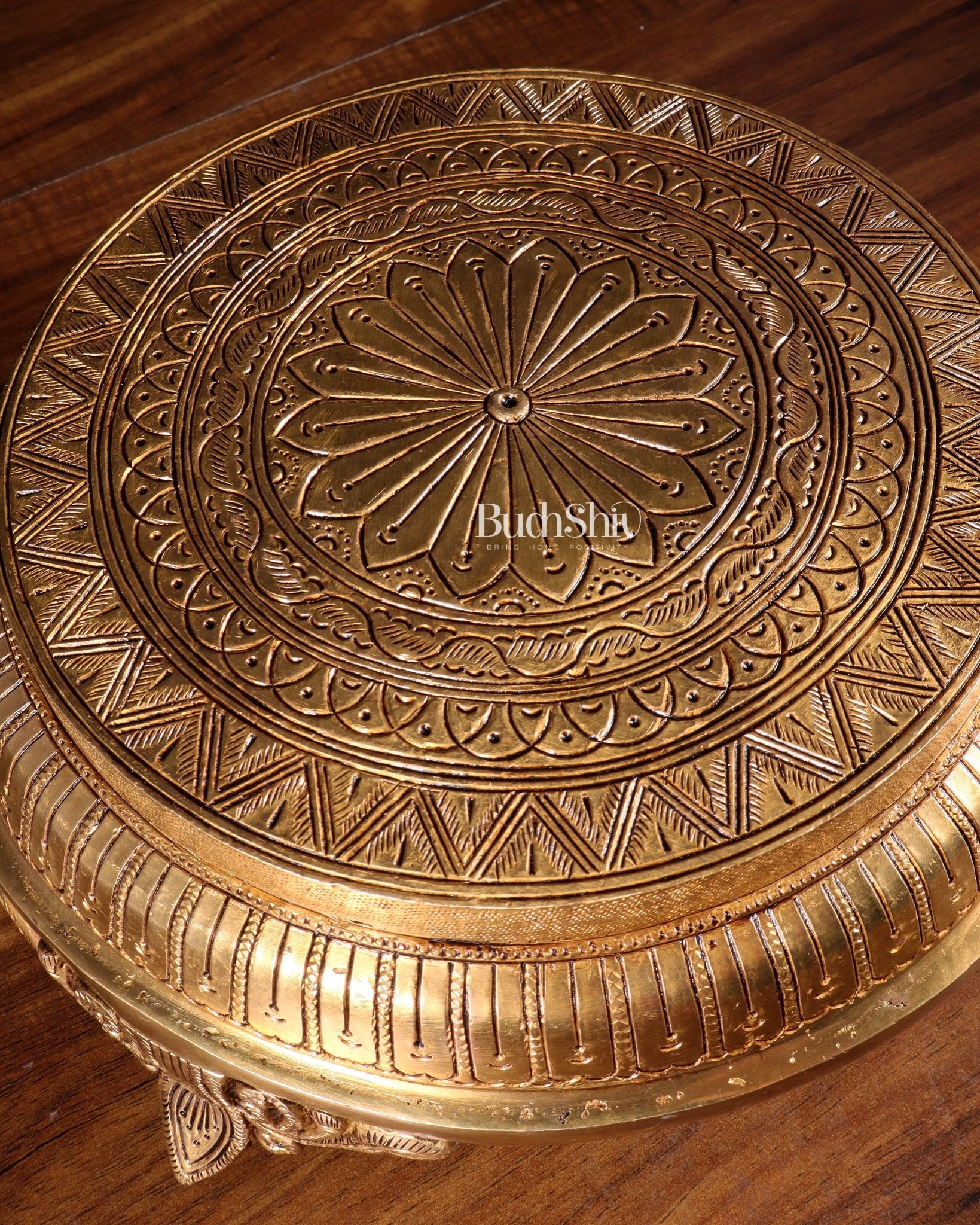 Brass Superfine Round Chowki with Mandala Design – 10.5 Inch - Budhshiv.com