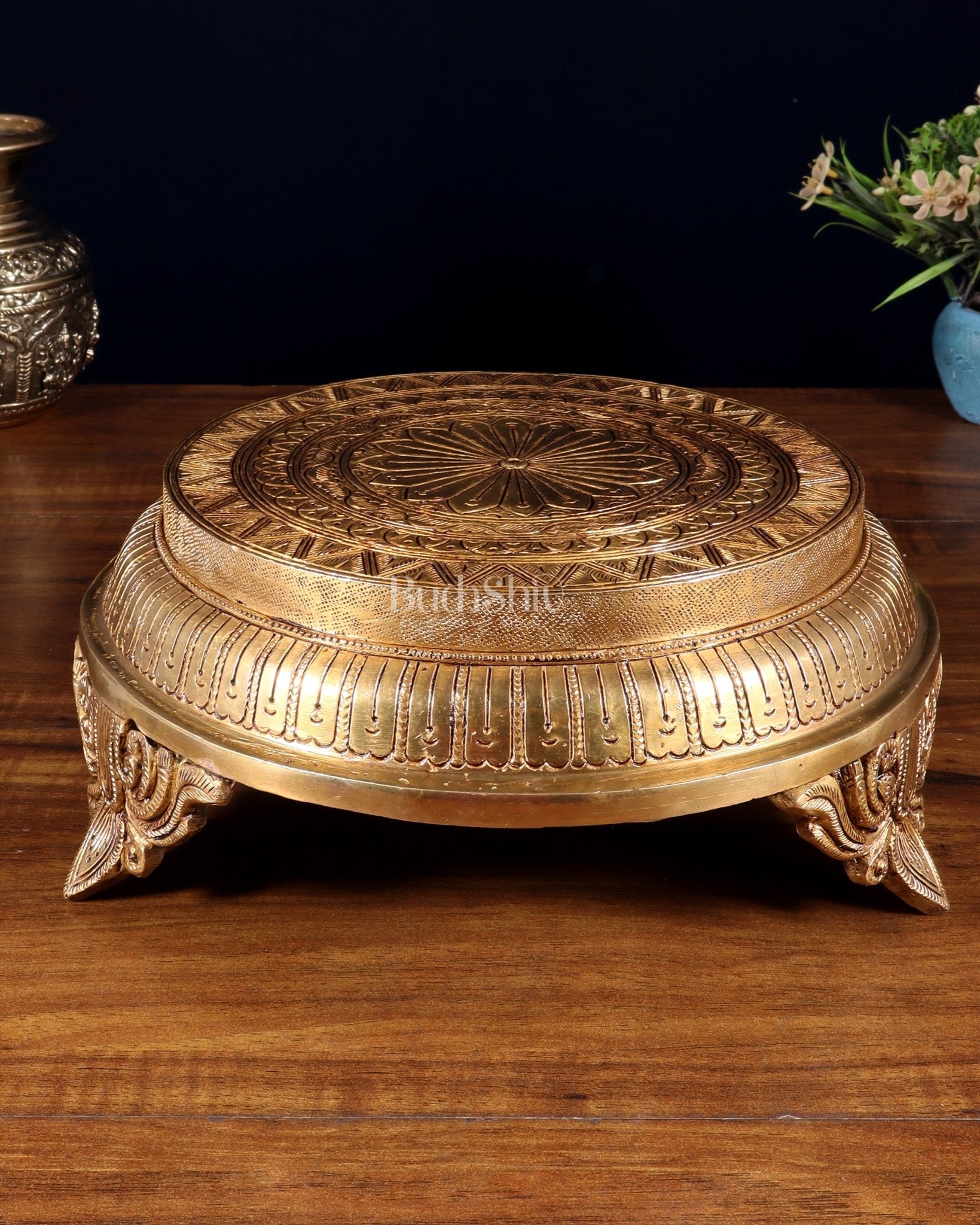 Brass Superfine Round Chowki with Mandala Design – 10.5 Inch - Budhshiv.com