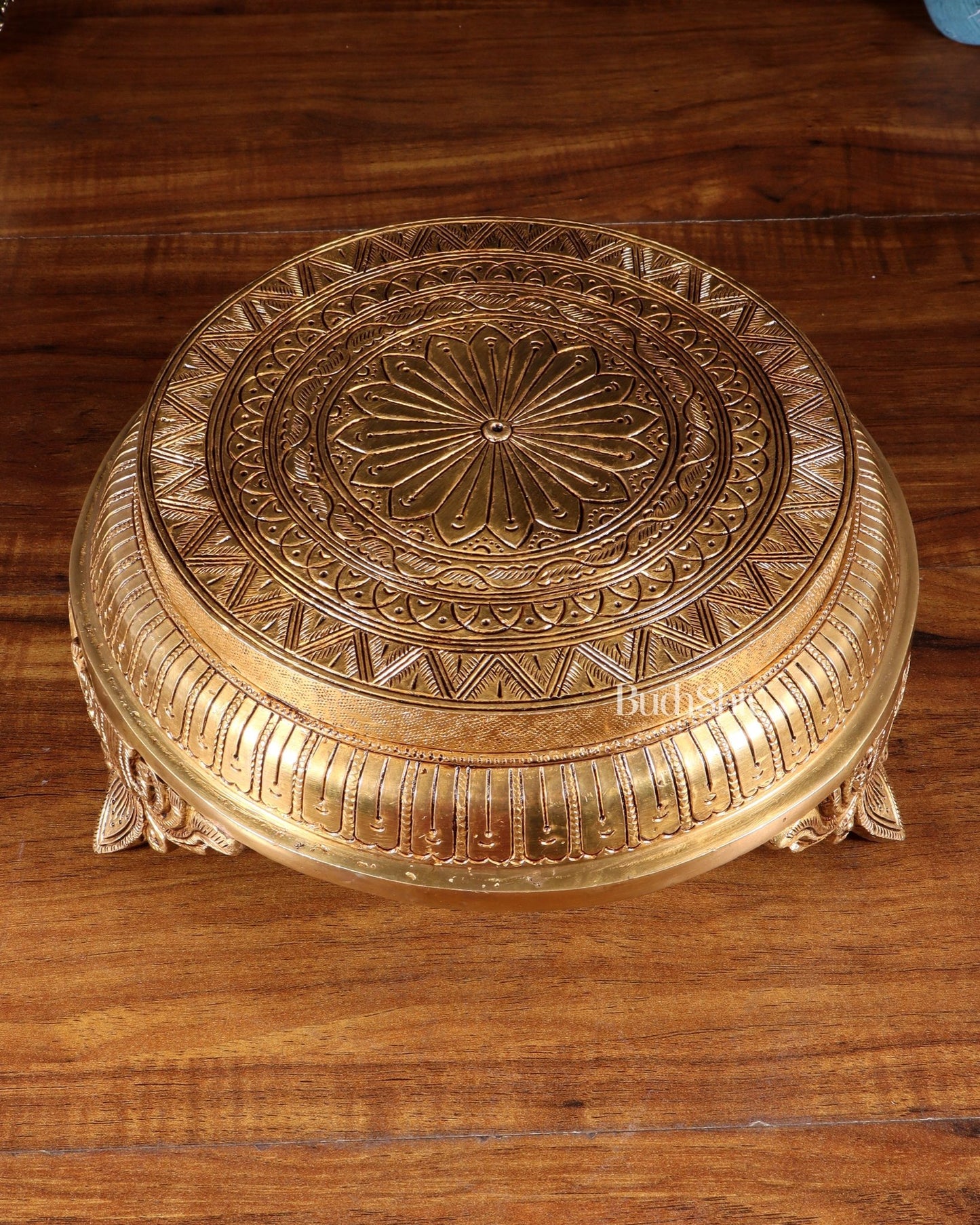 Brass Superfine Round Chowki with Mandala Design – 10.5 Inch - Budhshiv.com