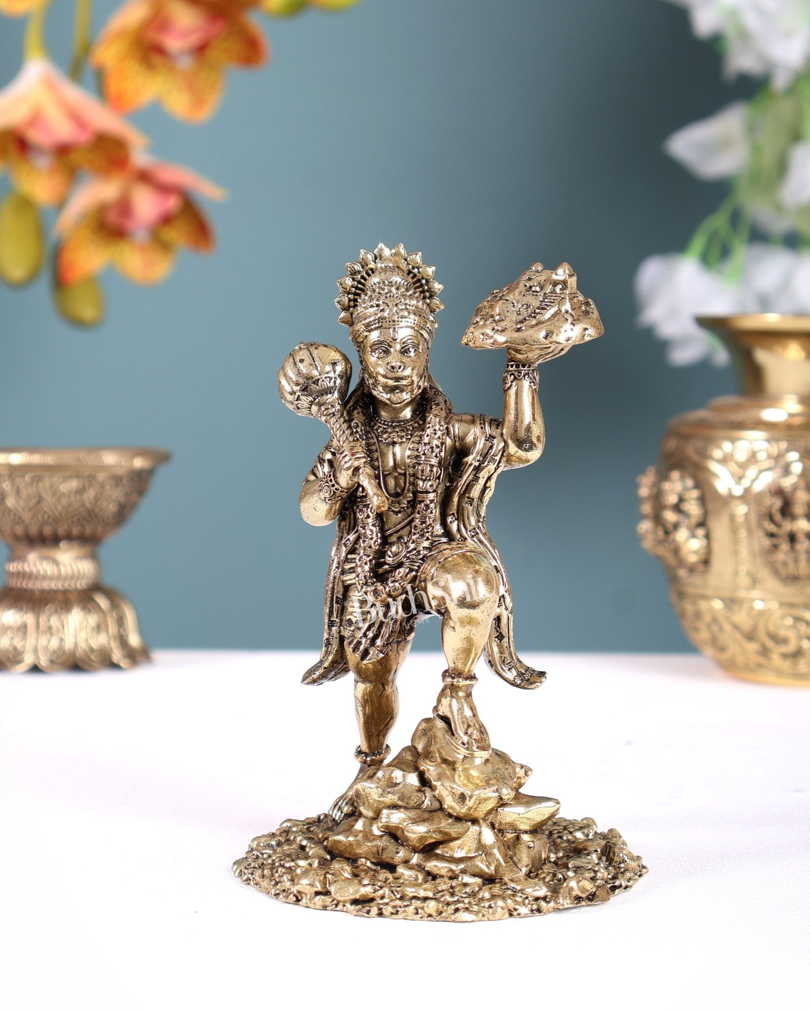 Brass Superfine Sanjeevani Hanuman Idol with Mountain – Divine Strength Statue (6 Inches) - Budhshiv.com
