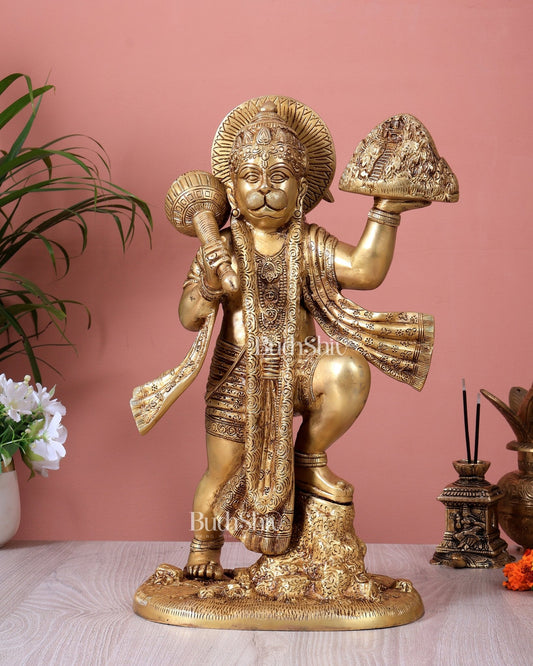 Brass Superfine Sanjeevani Hanuman Statue | Lord Hanuman Carrying Mountain Idol (15.3 Inch) - Budhshiv.com