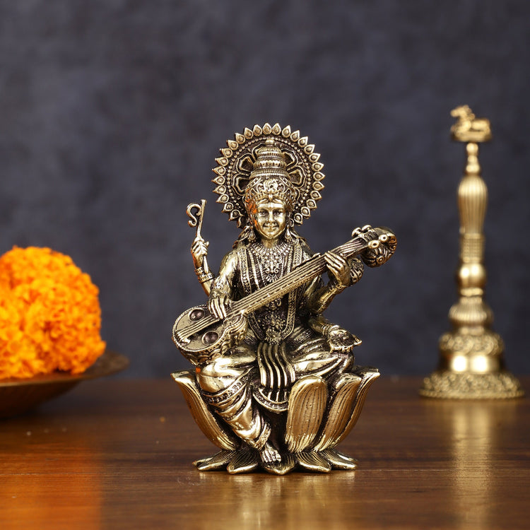 Brass Superfine Saraswati Idol - 4 Inch - Budhshiv.com